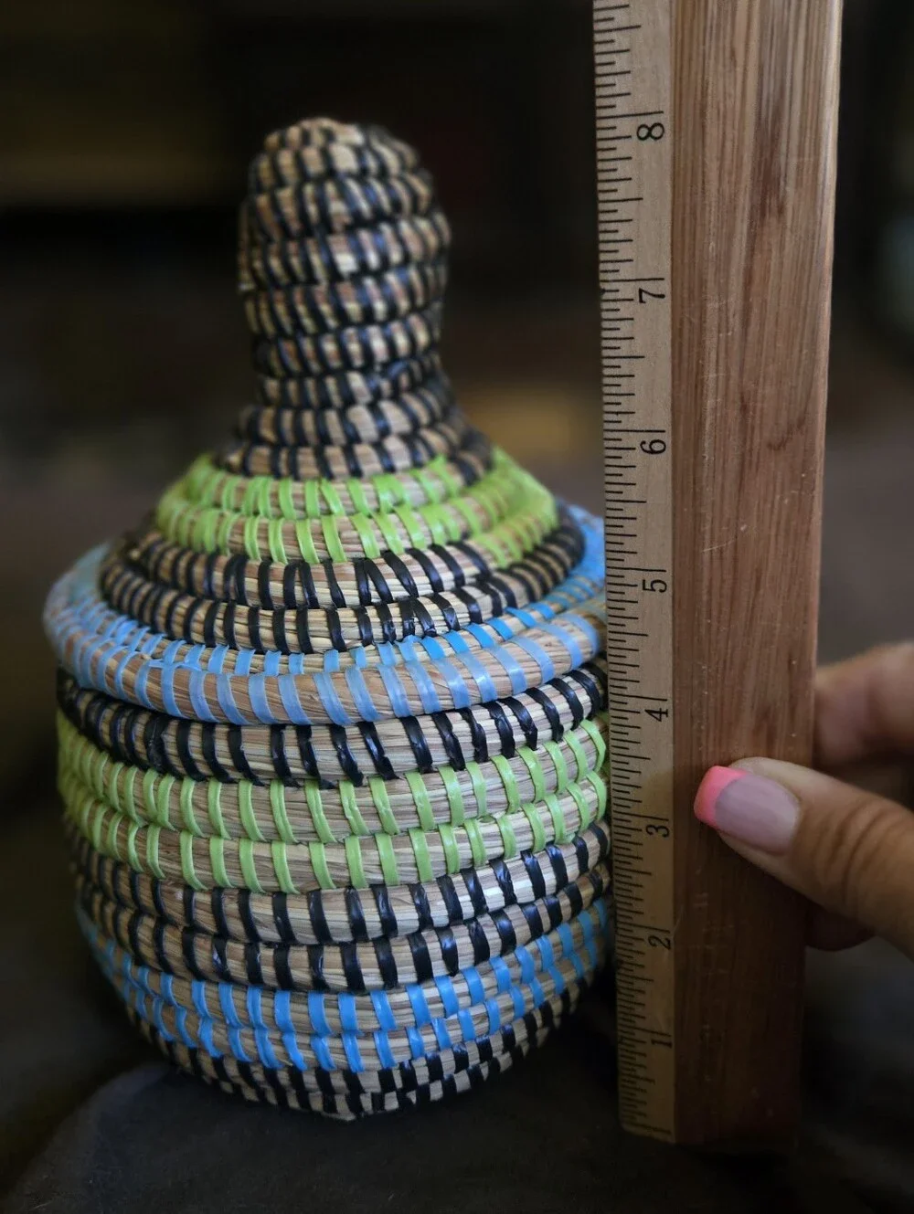 Handwoven Blue & Green Decorative Lidded Basket -Handmade